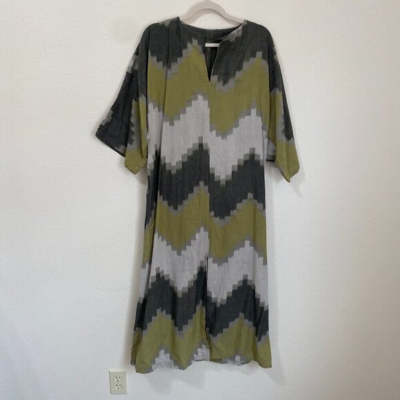 Handmade Dresses & Skirts - Handmade Chevron Kaftan Dress Green Gray Boho Lagenlook Maxi One Size